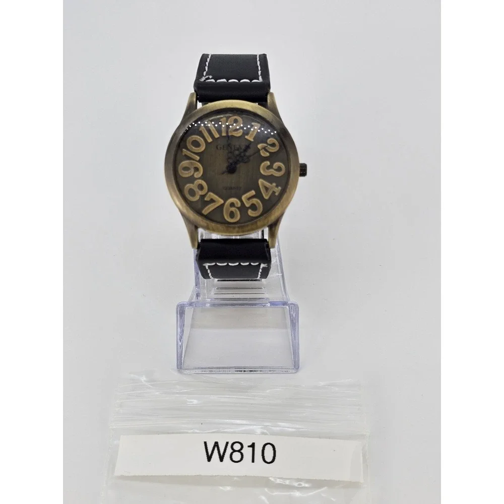Men Analog Watch 38MM Bronze Dial New Faux Black Leather Bands New Battery READ